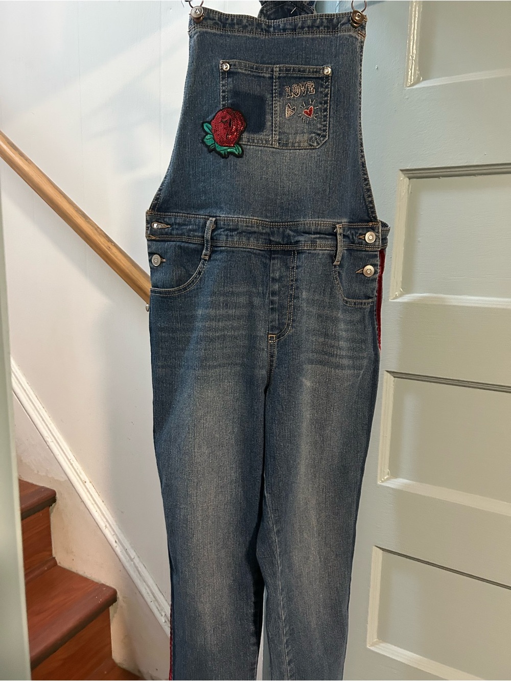 Wonder Nation Denim Overalls with Patches and Red Pipping, Straight Legged